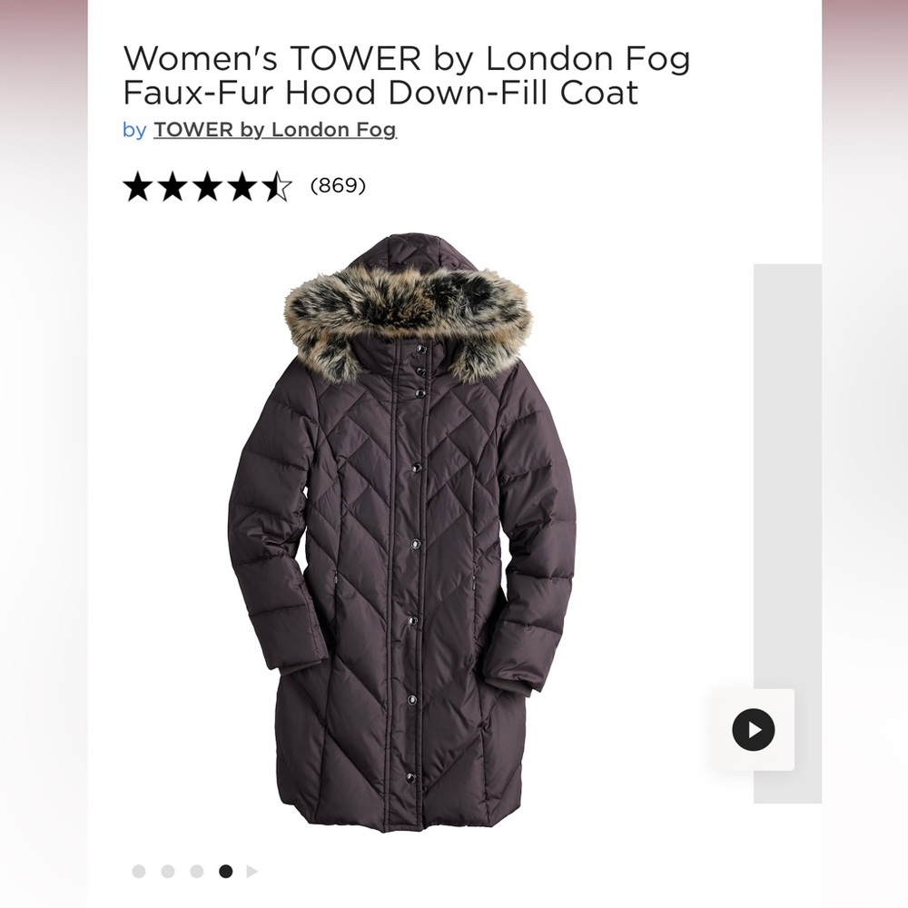Like new, worn once London Fog coat either faux fur lined hood in size large